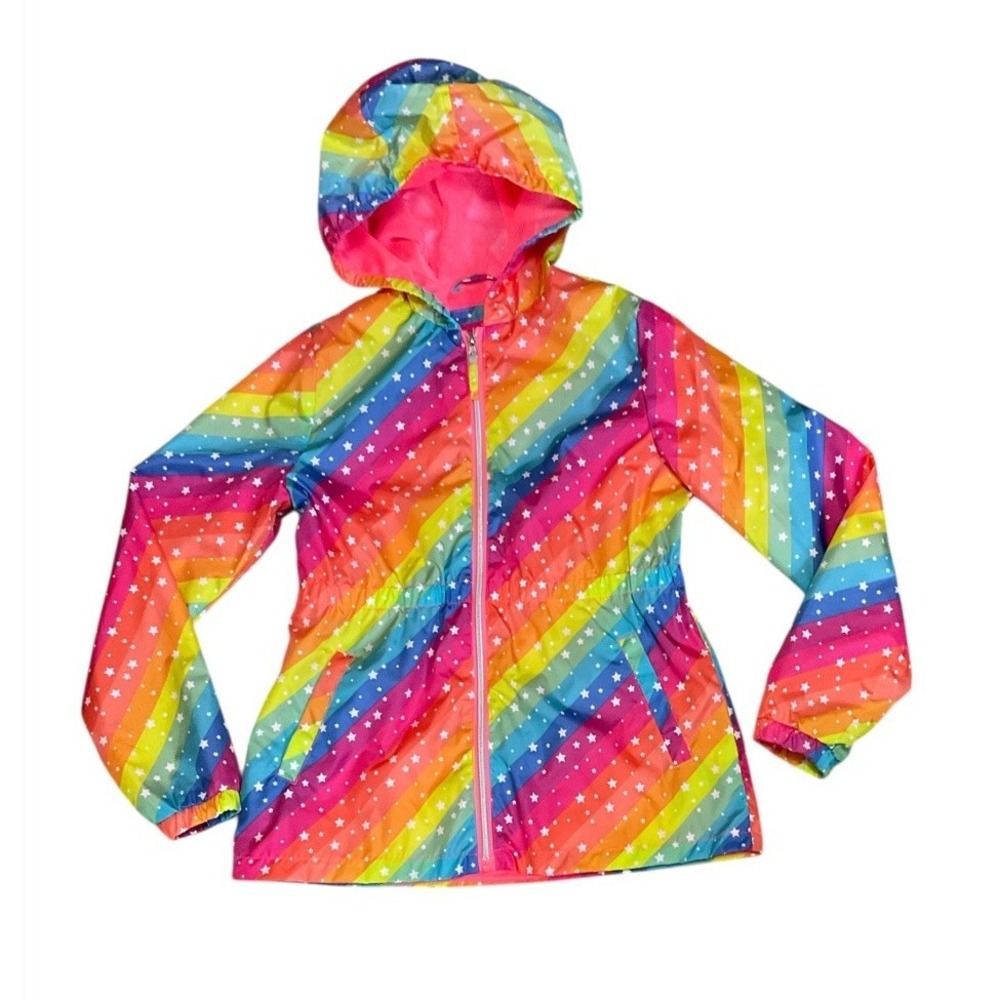 Pink Platinum Girls Rainbow Star Hooded Windbreaker Jacket Multicolor 14/16